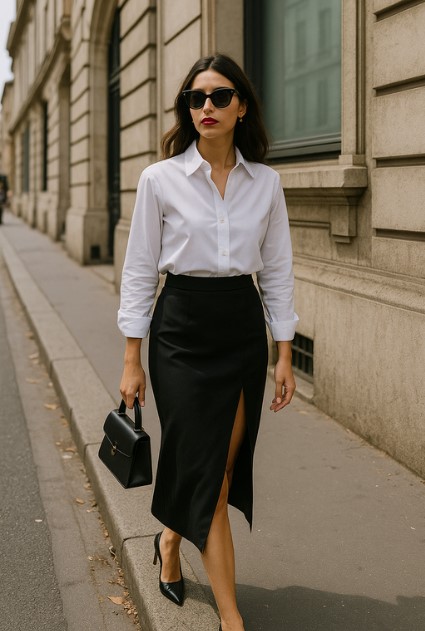 chemise blanche femme dans jupe midi fendue noire 